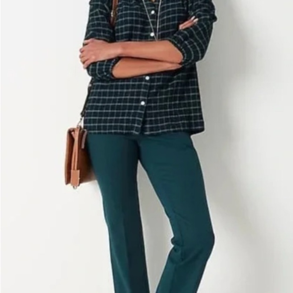 J. Jill Women's Crinkled Plaid Button-Up Top Size M Petite Evergreen Blouse - Picture 9 of 16
